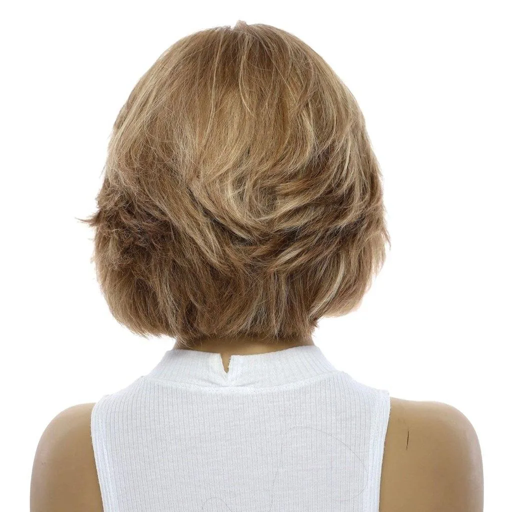 12" Luxe Pixie Silk Top Wig #12 Warm Light Brown Wavy w/ Full Highlight & Bang Cut