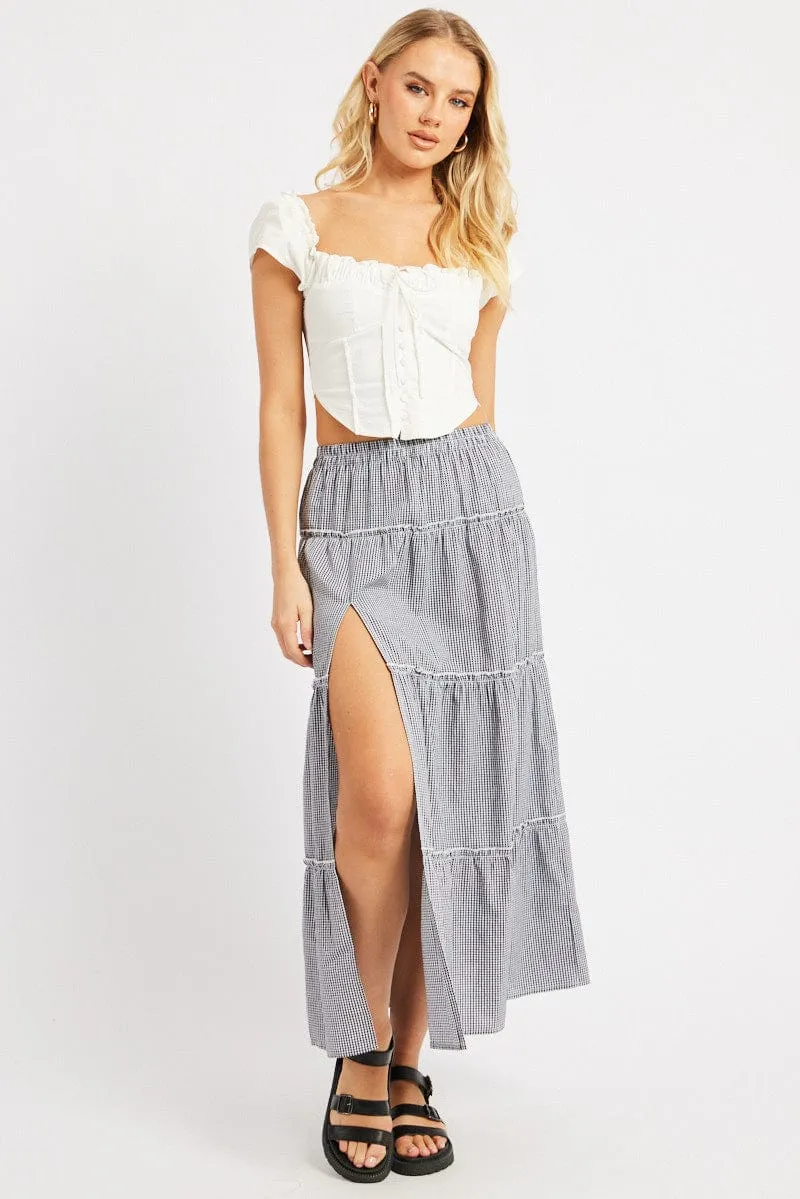 Black Check Tiered Maxi Slit Skirt
