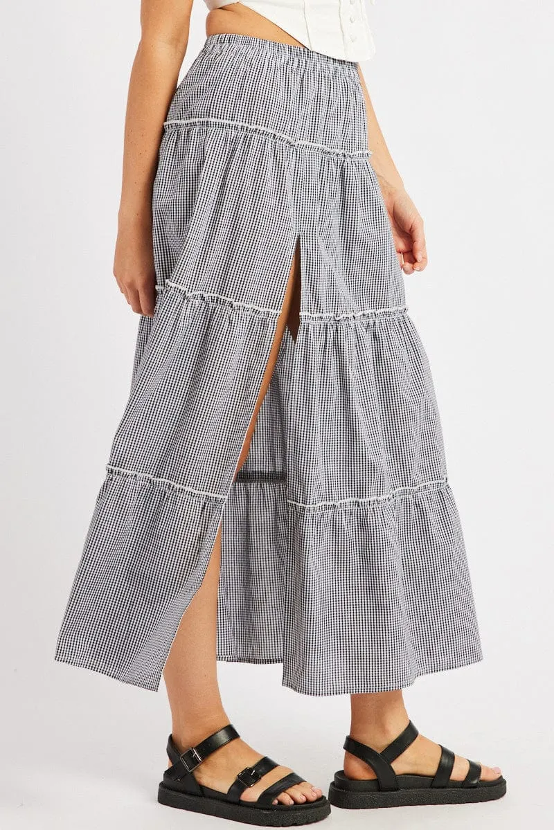 Black Check Tiered Maxi Slit Skirt