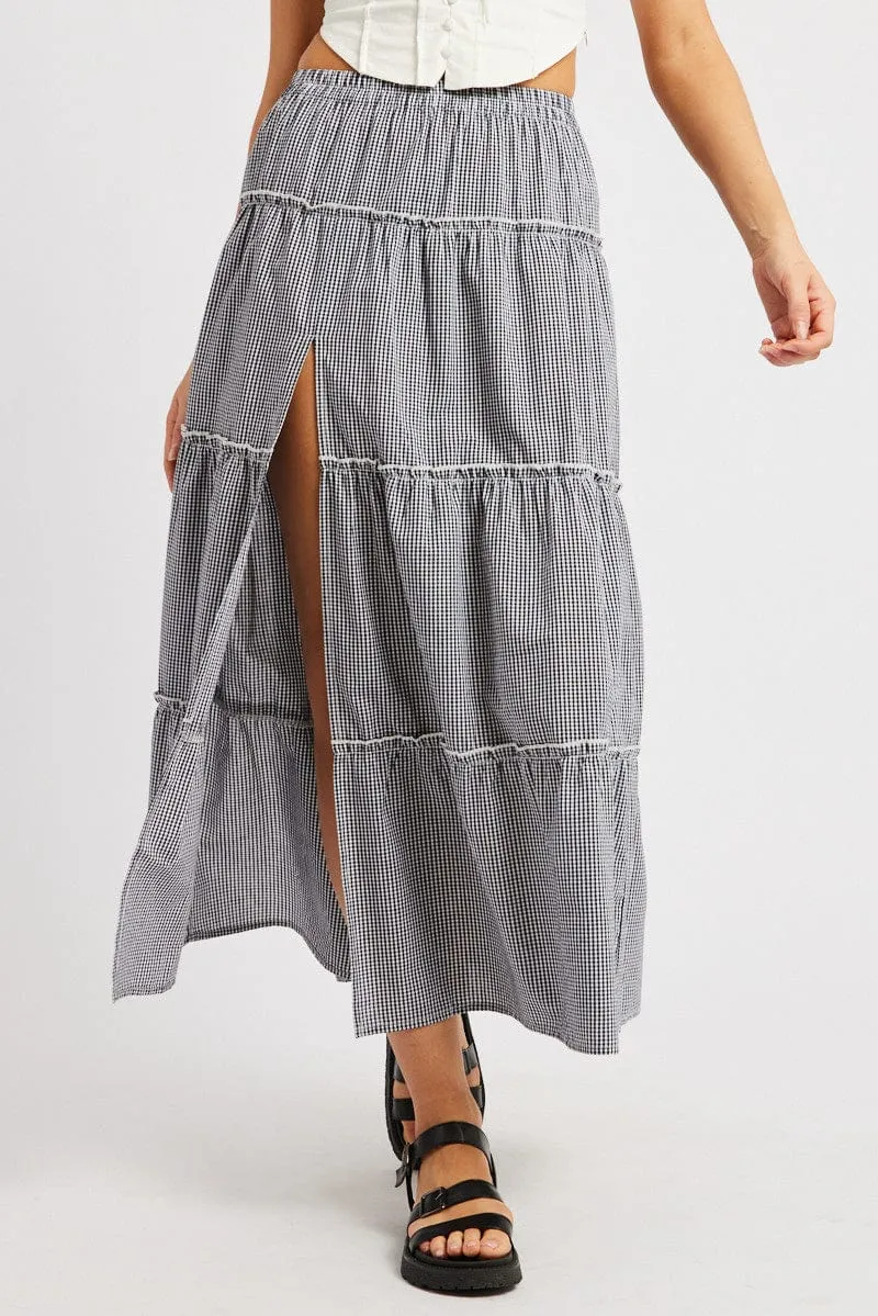 Black Check Tiered Maxi Slit Skirt