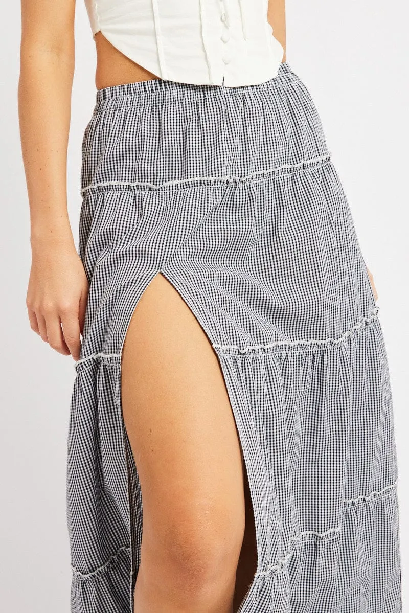 Black Check Tiered Maxi Slit Skirt