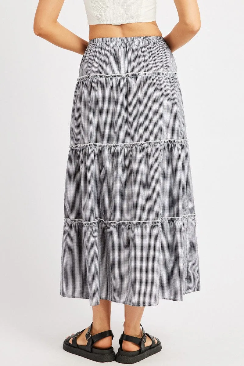 Black Check Tiered Maxi Slit Skirt