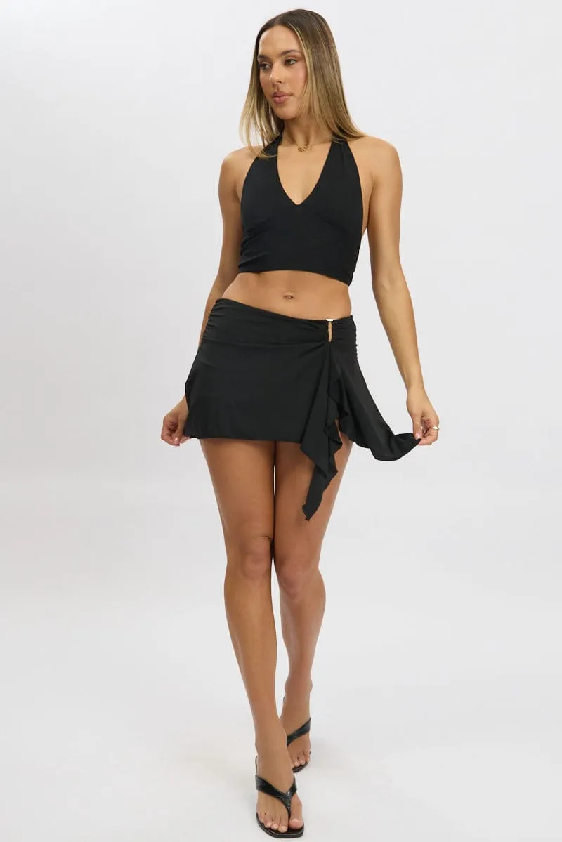 Black Mini Skort Skirt Mid Rise Buckle Detail High Low