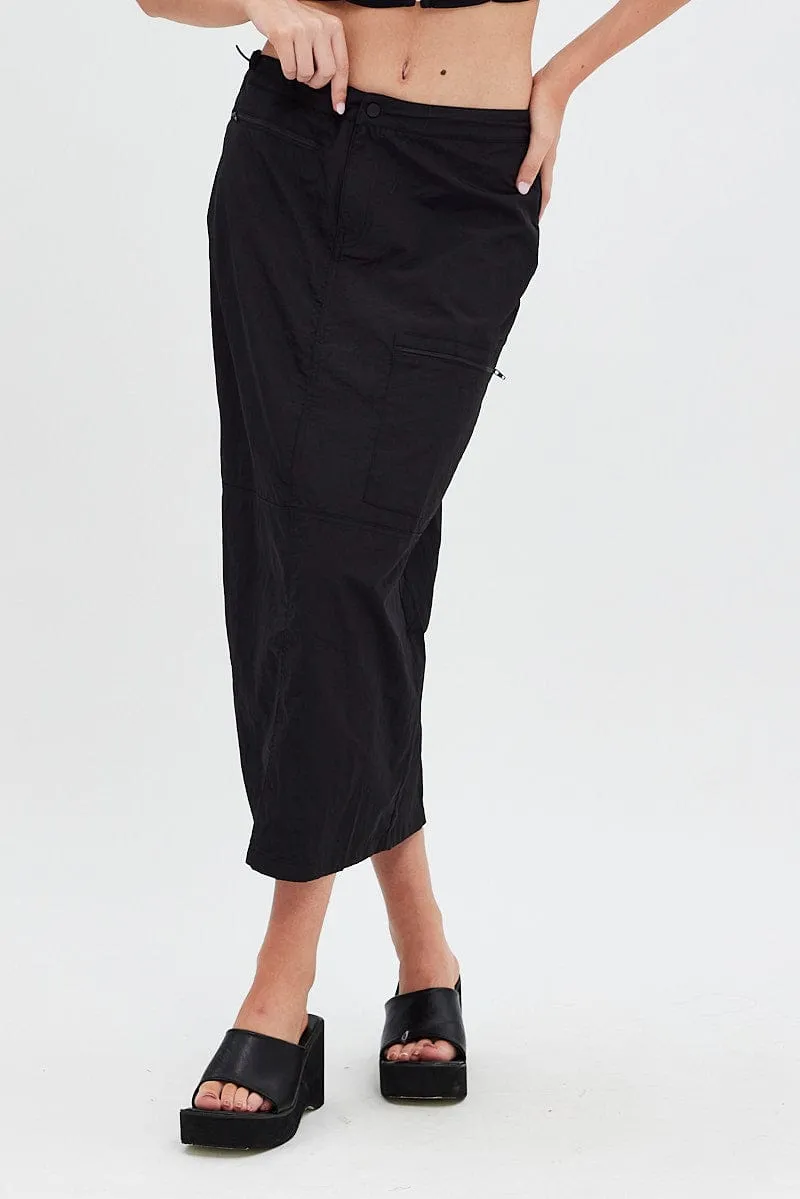 Black Parachute Skirt Cargo Mid Rise