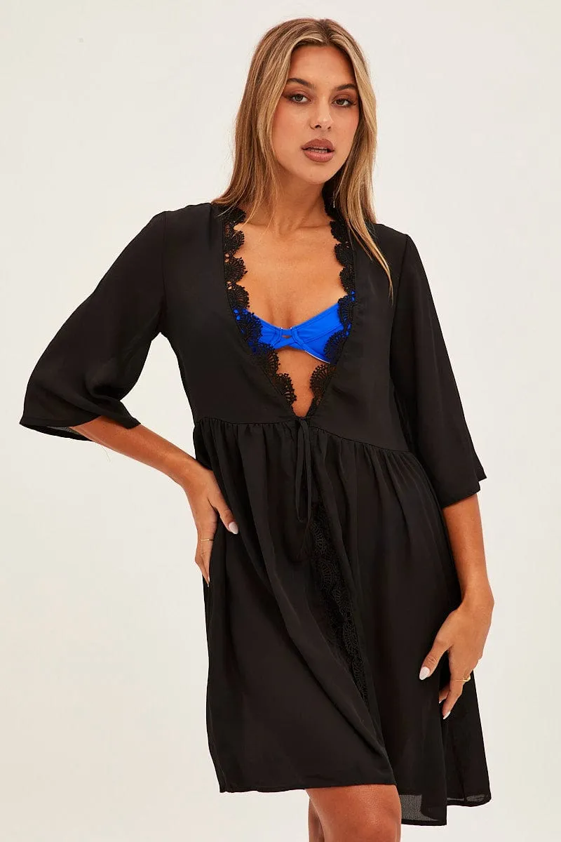 Black Tie Front Lace Kimono