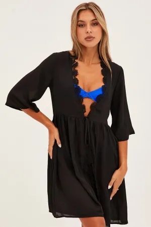 Black Tie Front Lace Kimono
