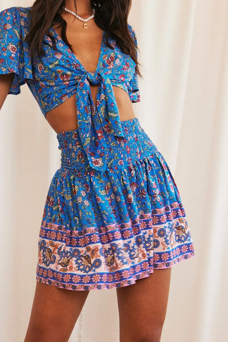 Blue Boho Flare Skirt High Rise