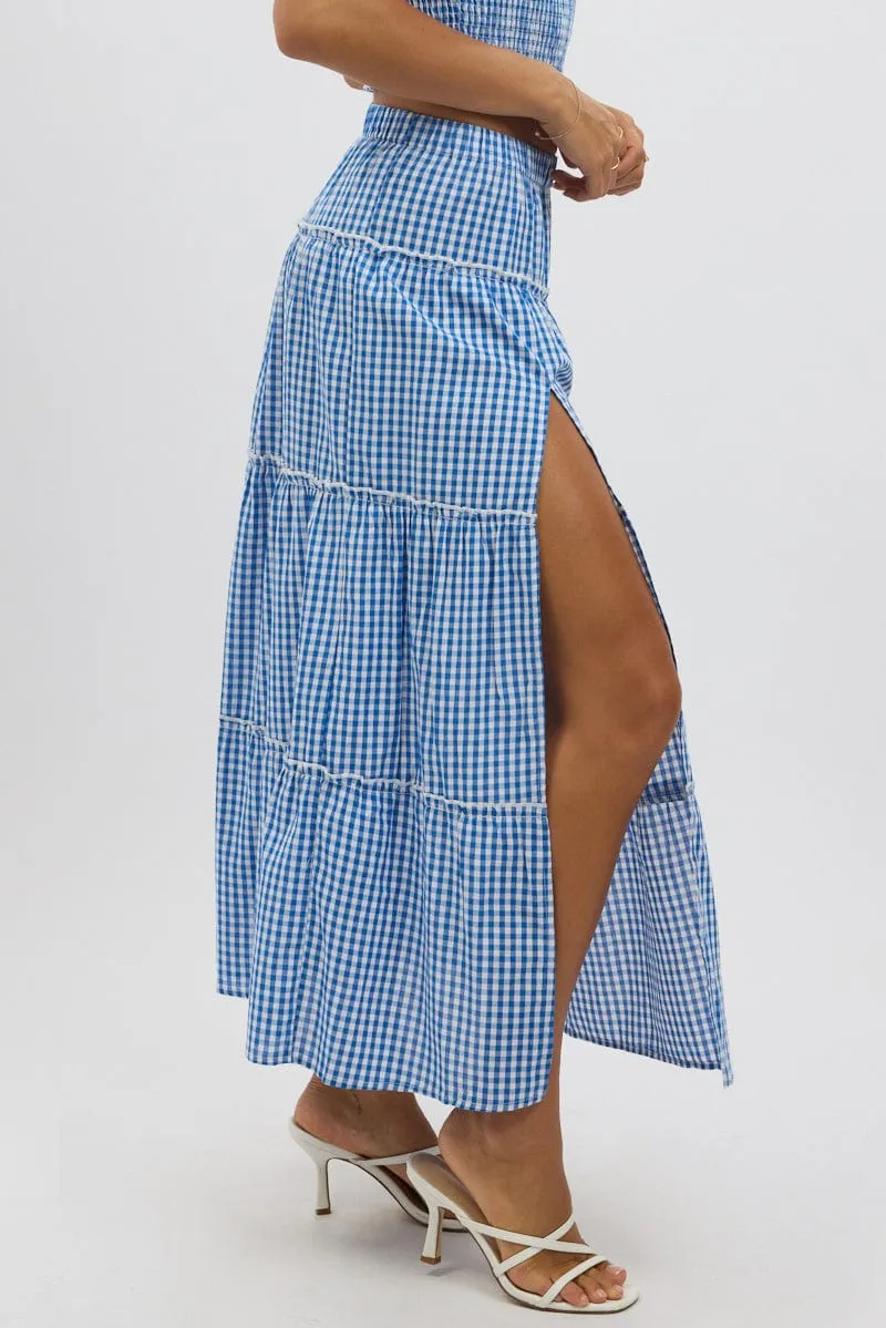 Blue Check Tiered Maxi Skirt Elastic Waist Slit Ruffle