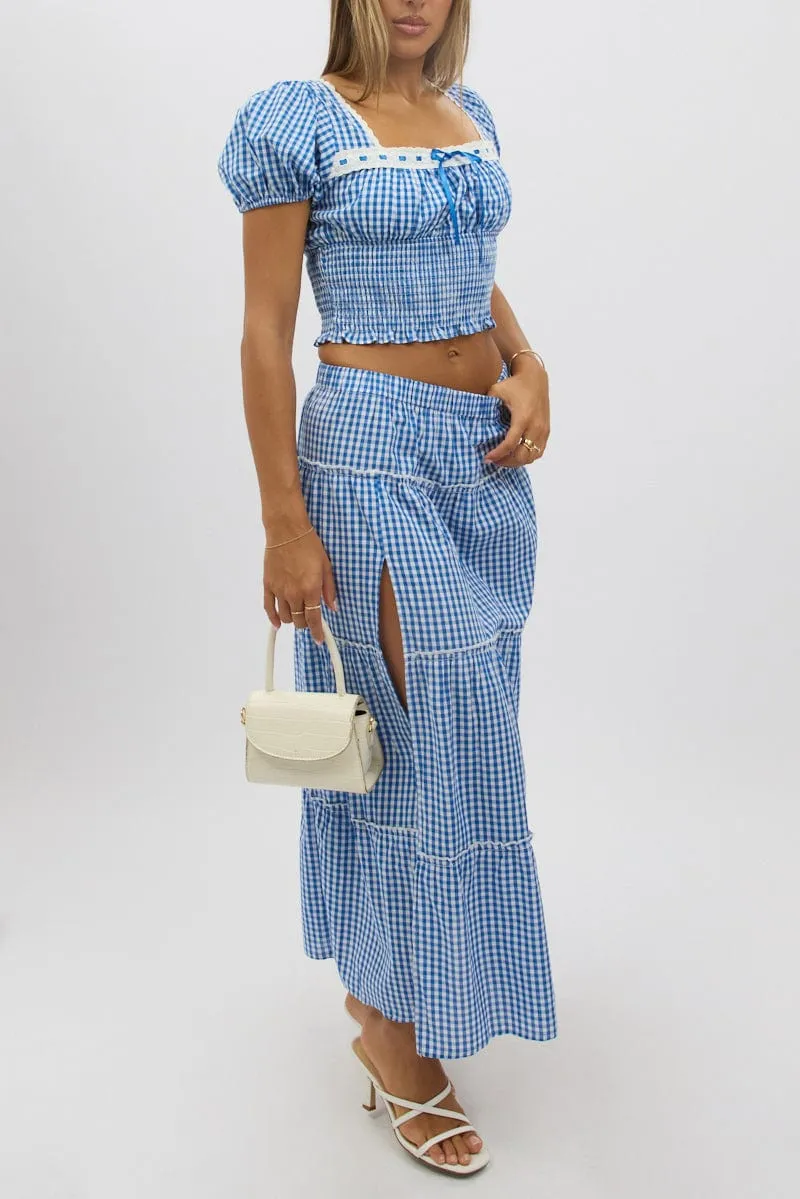 Blue Check Tiered Maxi Skirt Elastic Waist Slit Ruffle