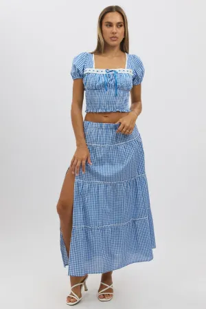Blue Check Tiered Maxi Skirt Elastic Waist Slit Ruffle