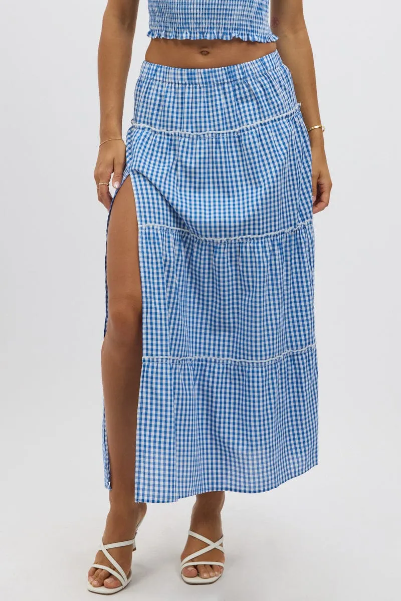 Blue Check Tiered Maxi Skirt Elastic Waist Slit Ruffle
