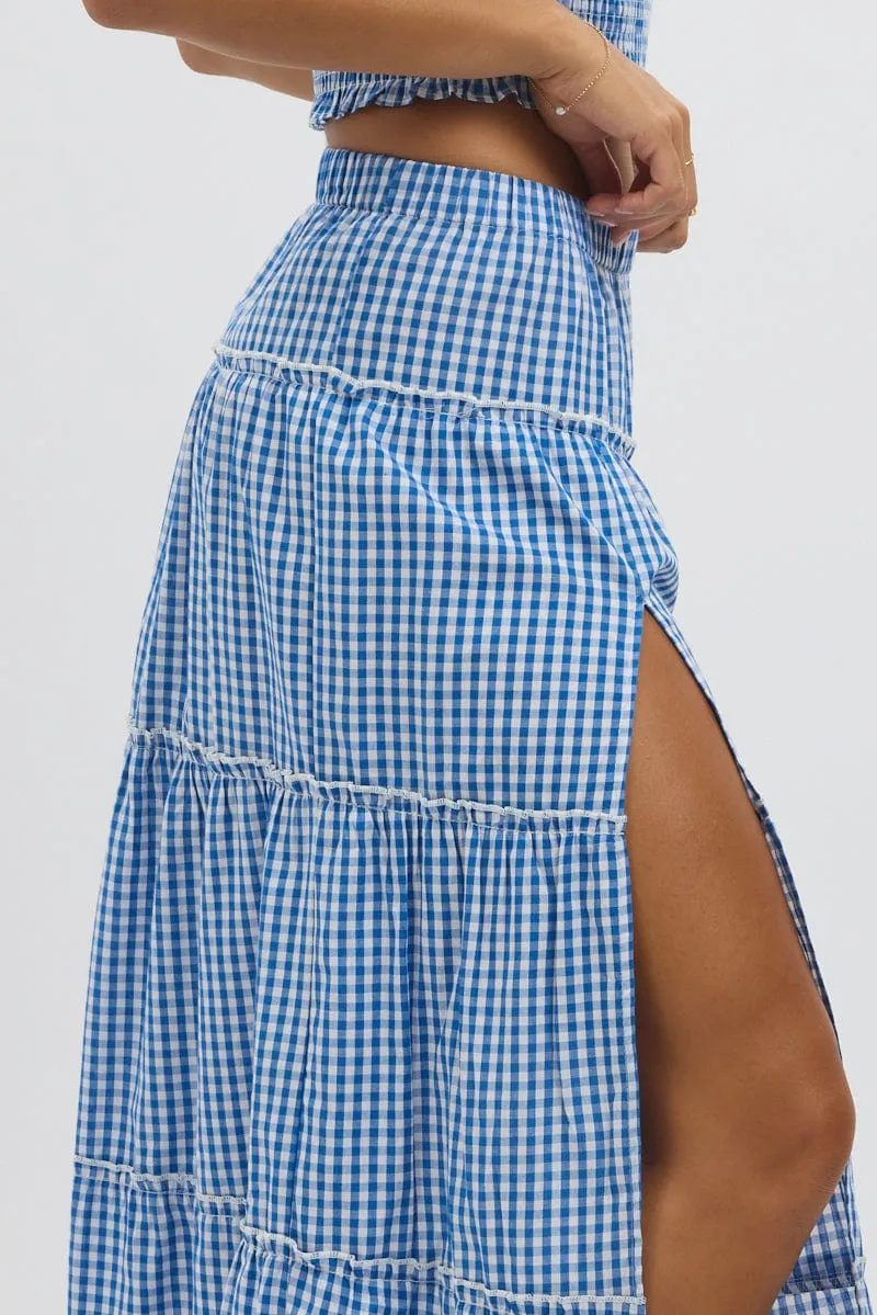 Blue Check Tiered Maxi Skirt Elastic Waist Slit Ruffle