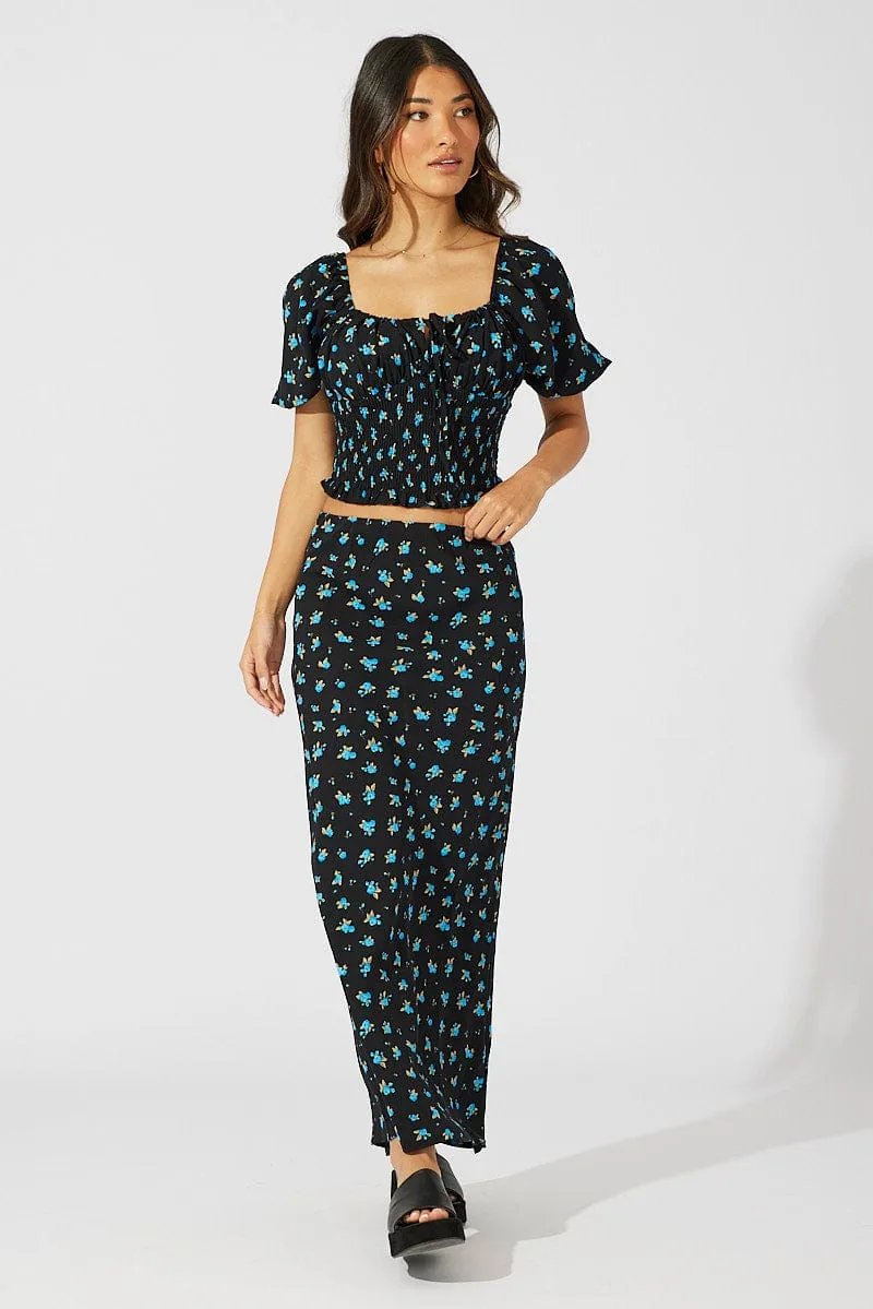 Blue Floral Slip Skirt Maxi