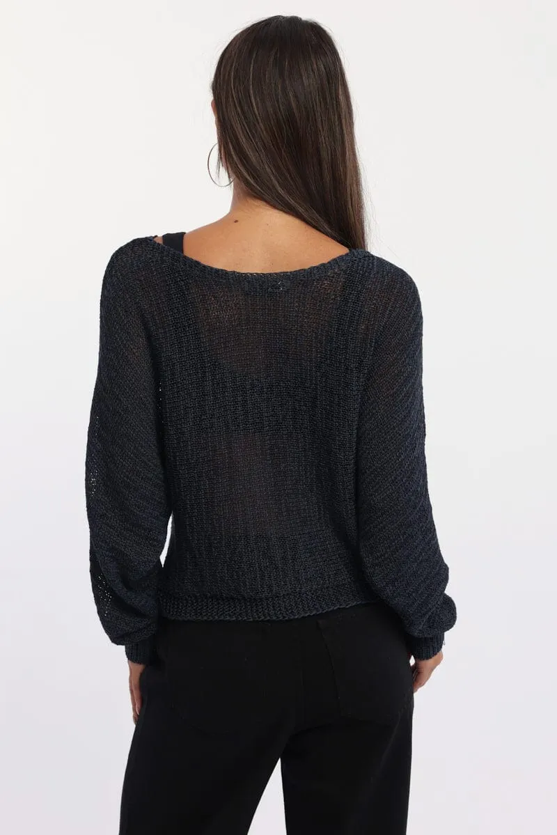 Blue Knit Top Asymmetric Neckline