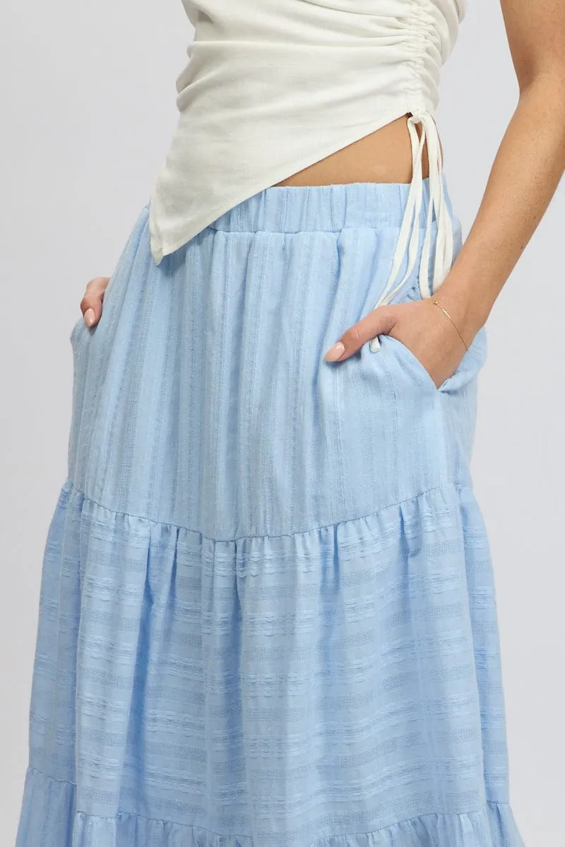 Blue Tiered Maxi Skirt High Rise Elastic Waist Lined