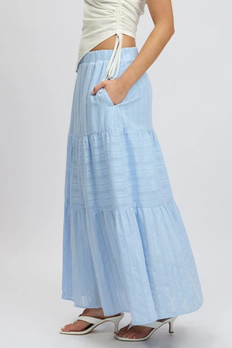 Blue Tiered Maxi Skirt High Rise Elastic Waist Lined