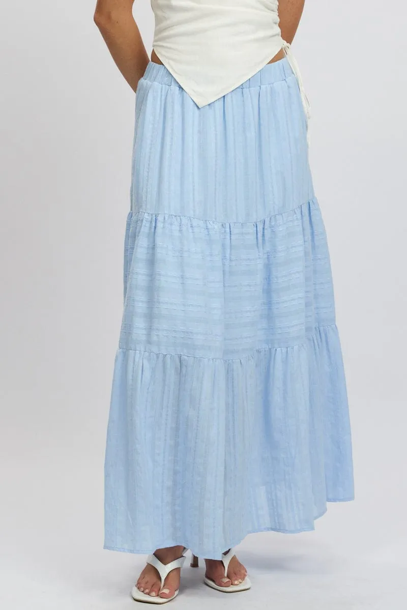 Blue Tiered Maxi Skirt High Rise Elastic Waist Lined