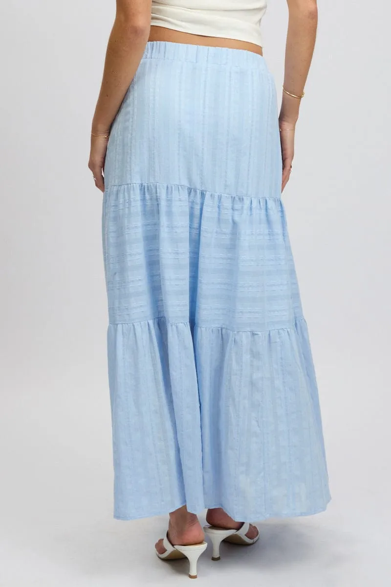 Blue Tiered Maxi Skirt High Rise Elastic Waist Lined