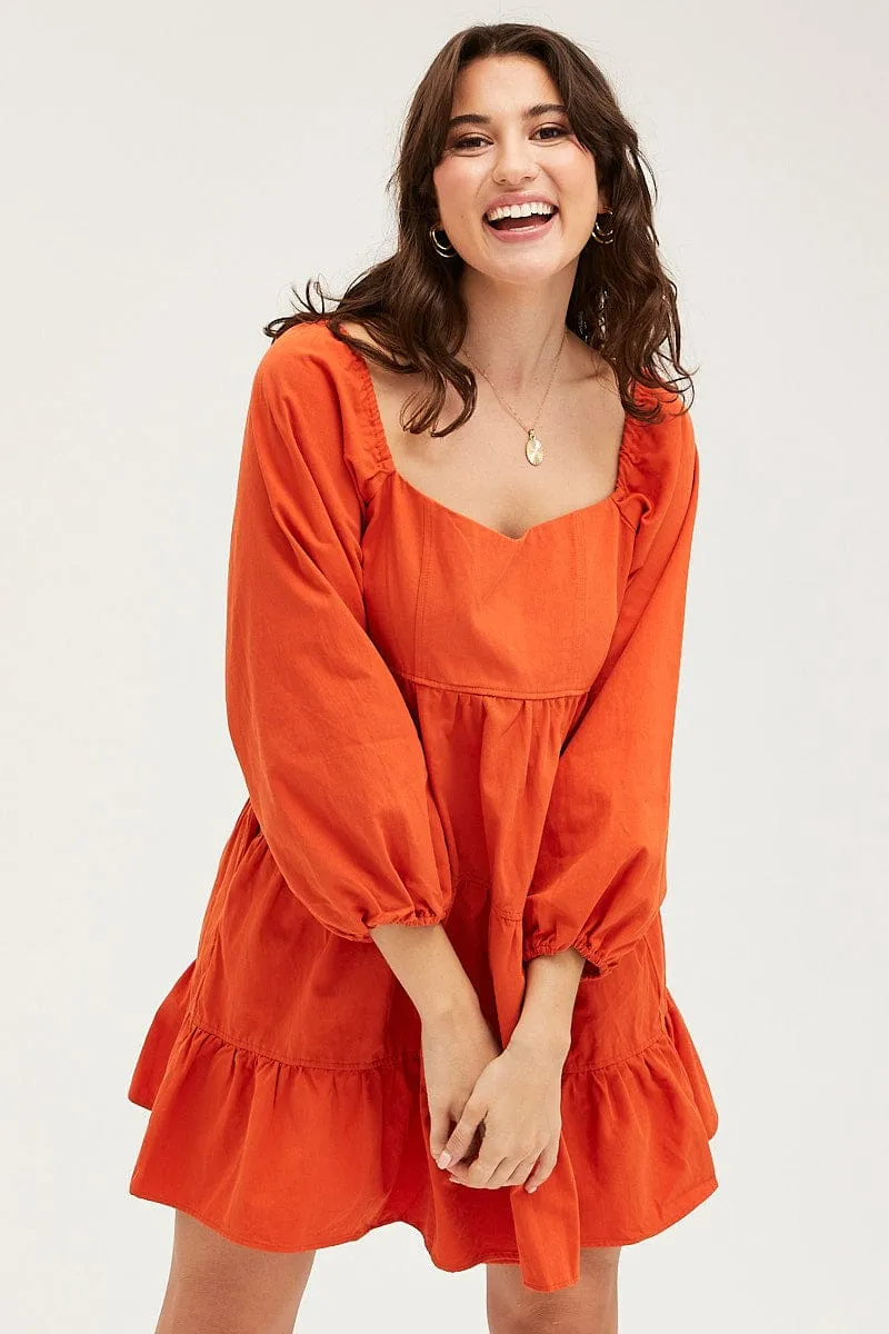 Brown Tiered Dress Long Sleeve Mini
