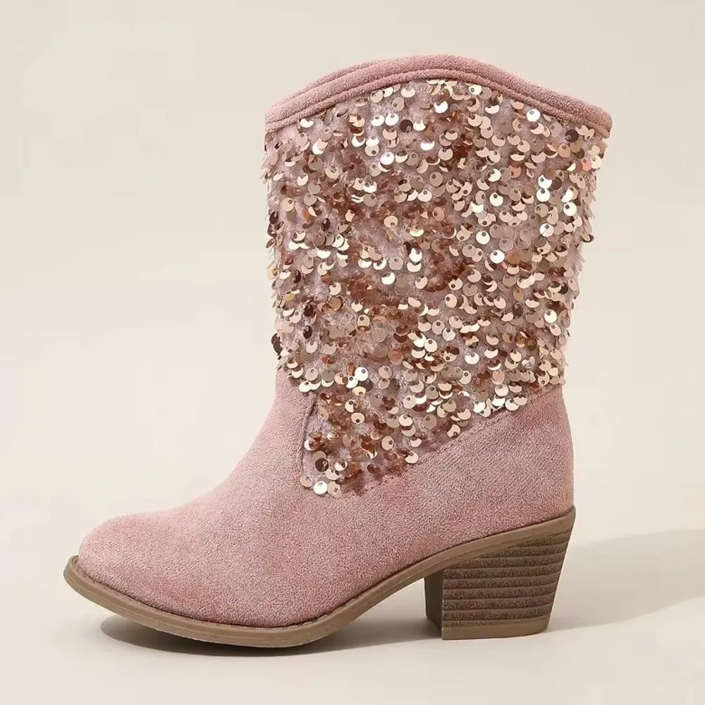 Fashion Kids Girls Chelsea Boots Sequin Thick Heels