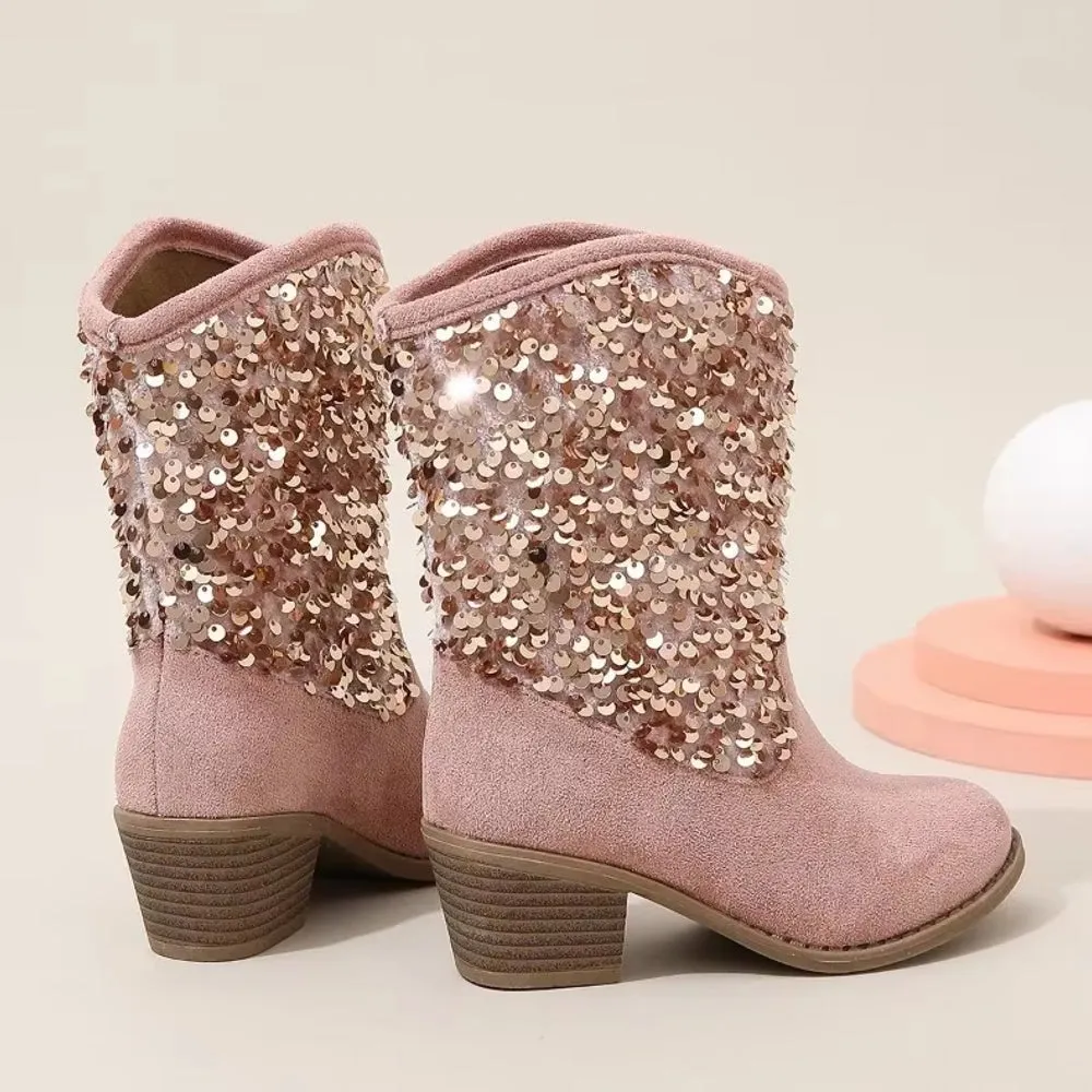Fashion Kids Girls Chelsea Boots Sequin Thick Heels
