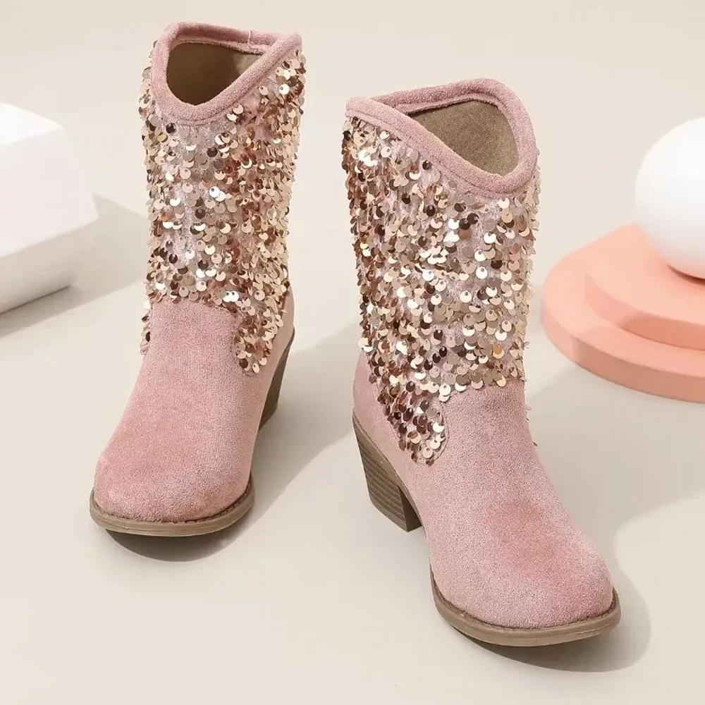 Fashion Kids Girls Chelsea Boots Sequin Thick Heels
