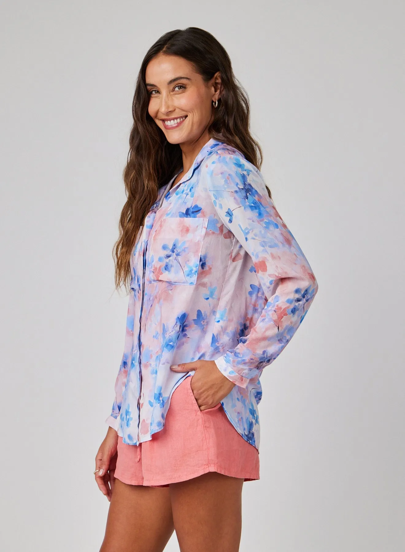 Full Button Down Hipster Shirt - Garden Mist Print
