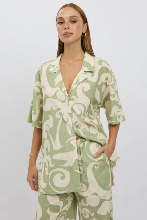 Green Abstract Relaxed Shirt Short Sleeve Linen Blend