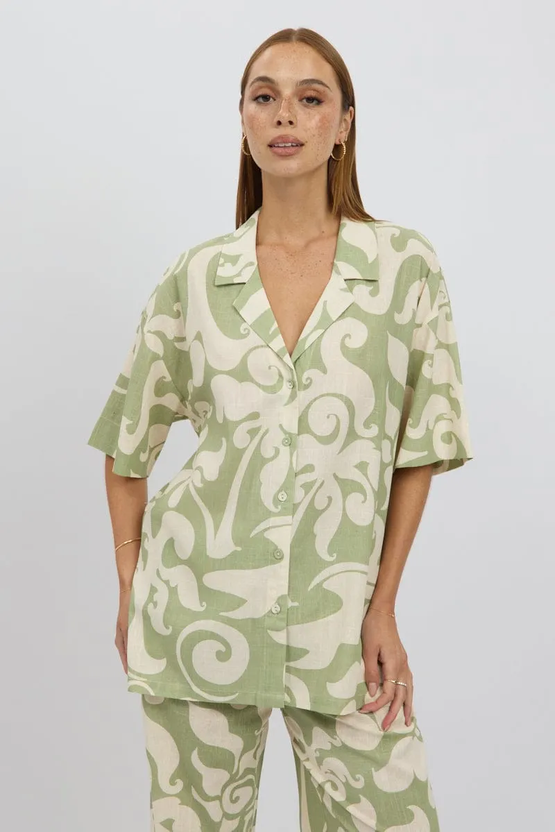 Green Abstract Relaxed Shirt Short Sleeve Linen Blend