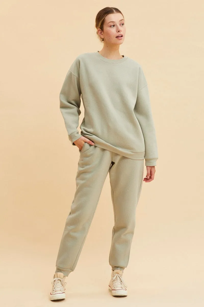 Green Fleece Sweat Long Sleeve Crew Neck