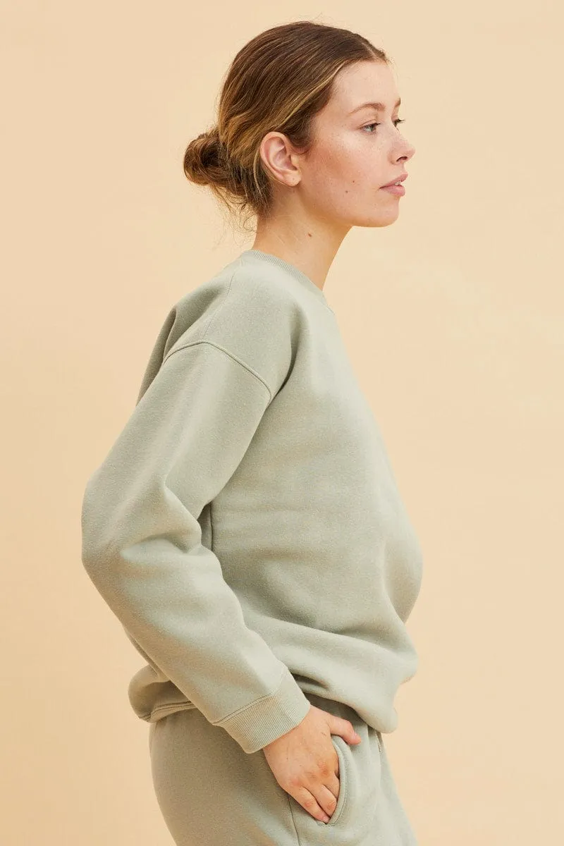 Green Fleece Sweat Long Sleeve Crew Neck