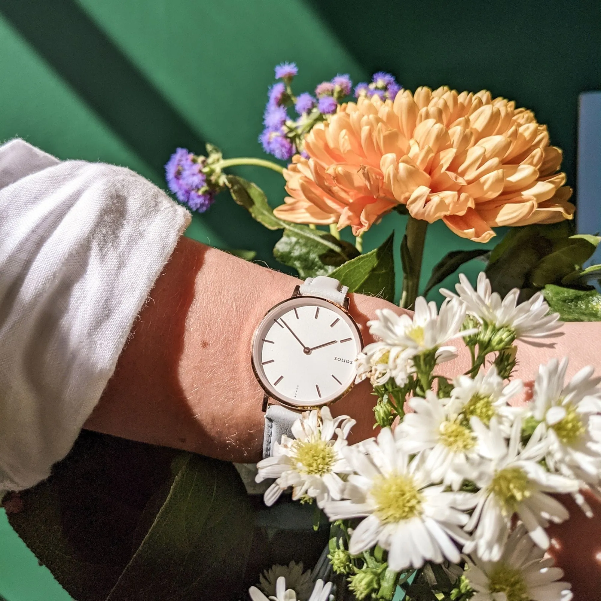 Mini Solar Watch with White & Silver Dial  | Brown Vegan Leather Strap