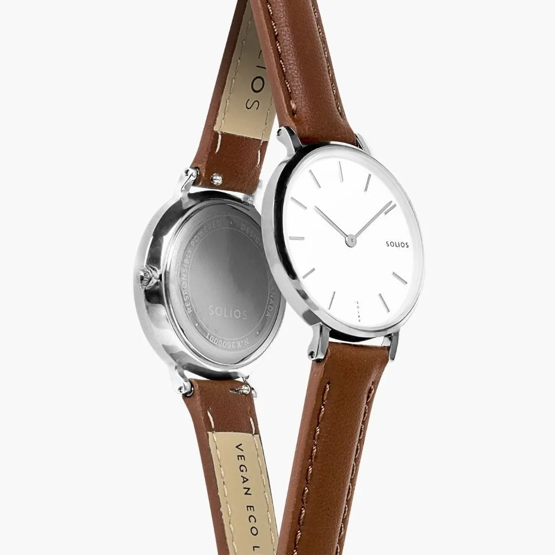 Mini Solar Watch with White & Silver Dial  | Brown Vegan Leather Strap