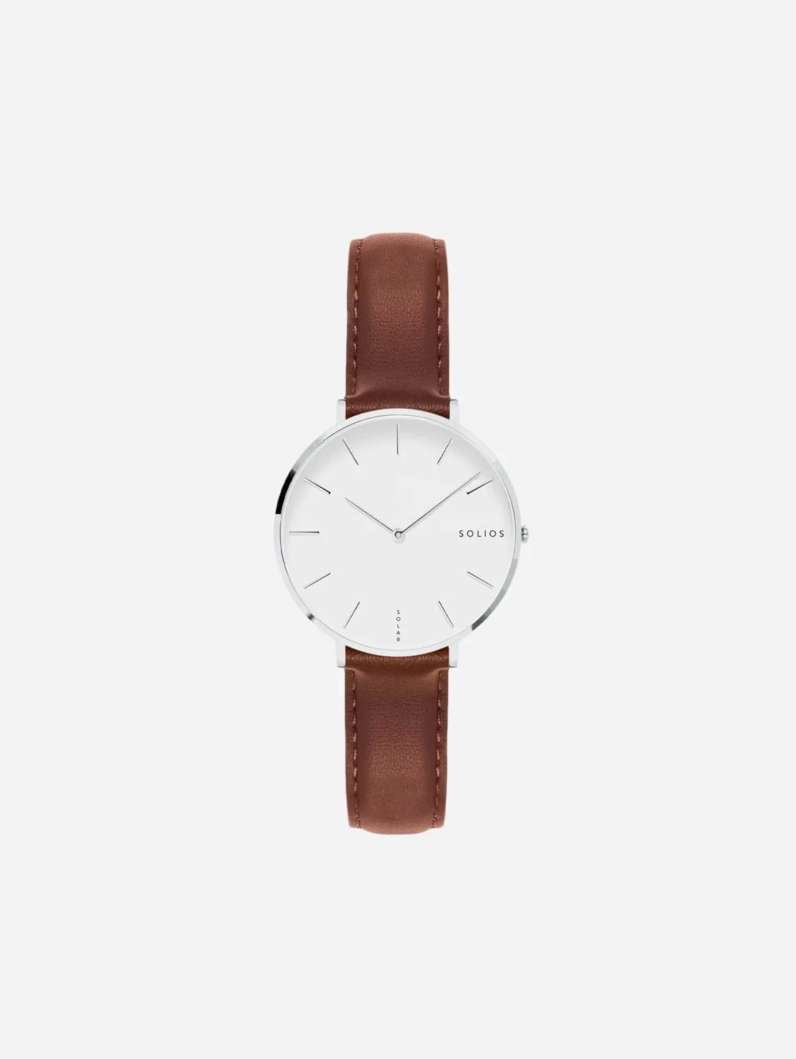 Mini Solar Watch with White & Silver Dial  | Brown Vegan Leather Strap