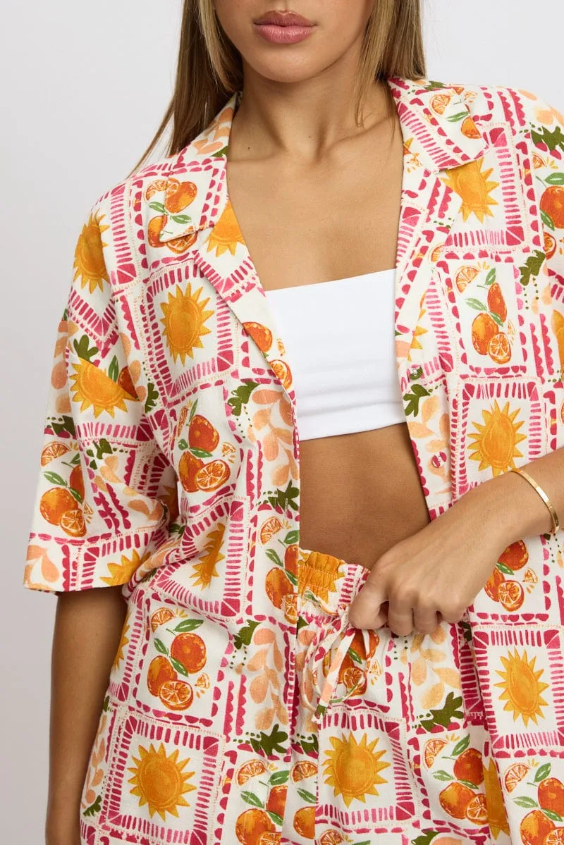 Multi Abstract Relaxed Shirt Short Sleeve Linen Blend