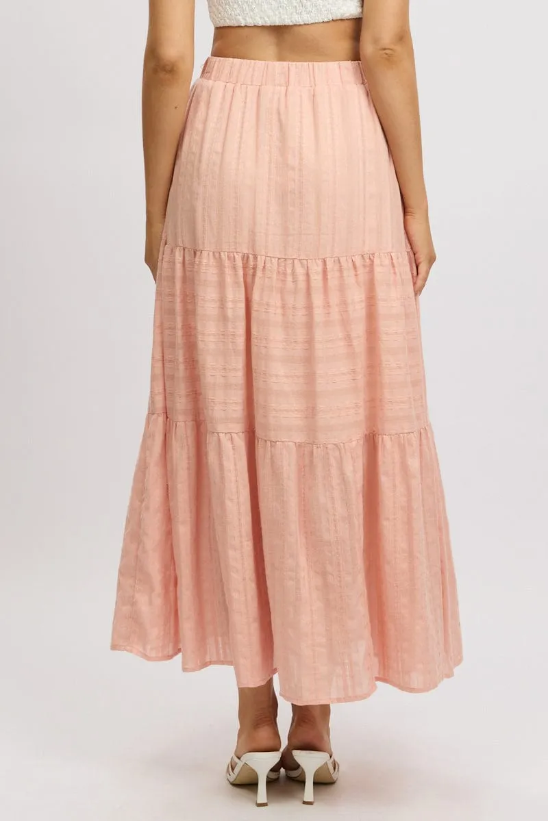 Orange Tiered Maxi Skirt High Rise Elastic Waist Lined