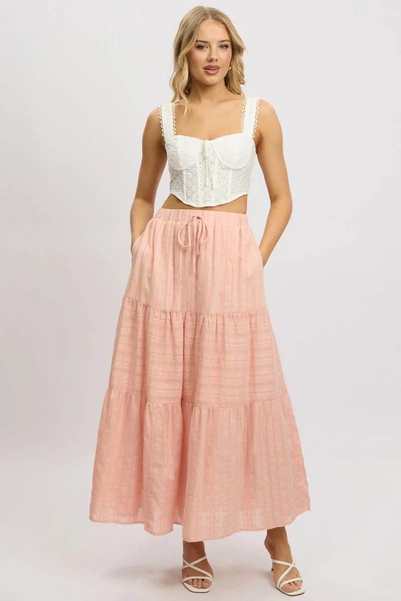 Orange Tiered Maxi Skirt High Rise Elastic Waist Lined