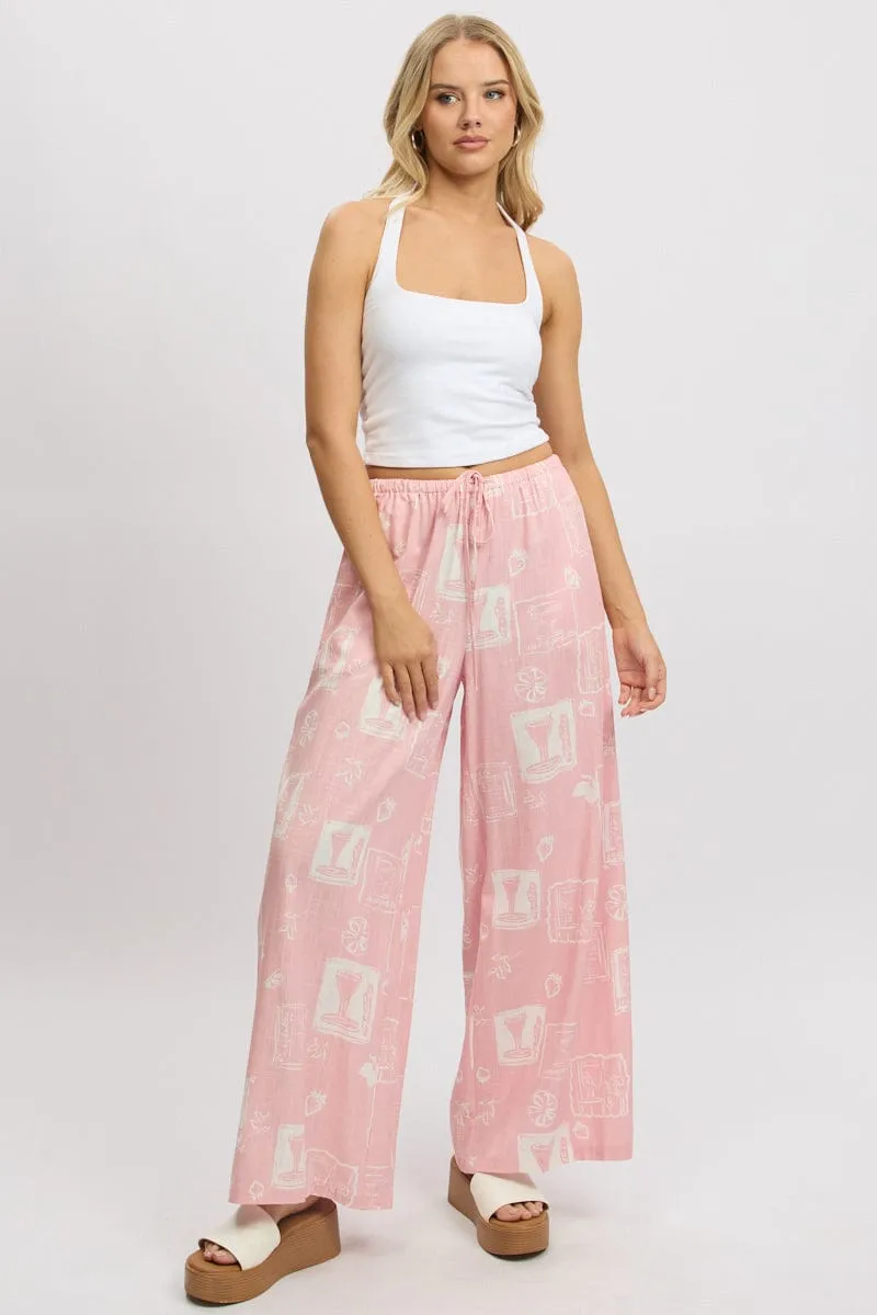 Pink Abstract Wide Leg Pants High Rise