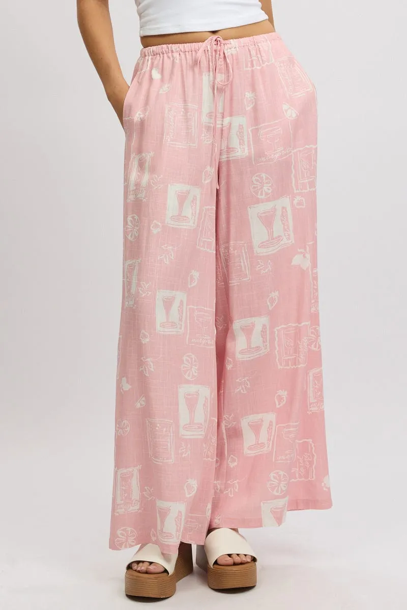 Pink Abstract Wide Leg Pants High Rise