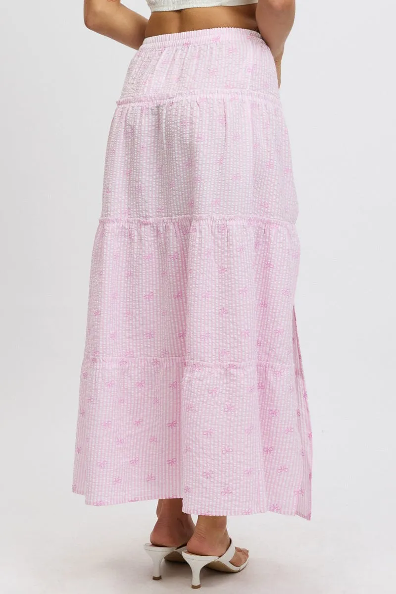 Pink Stripe Tiered Maxi Skirt Elastic Waist Slit Ruffle