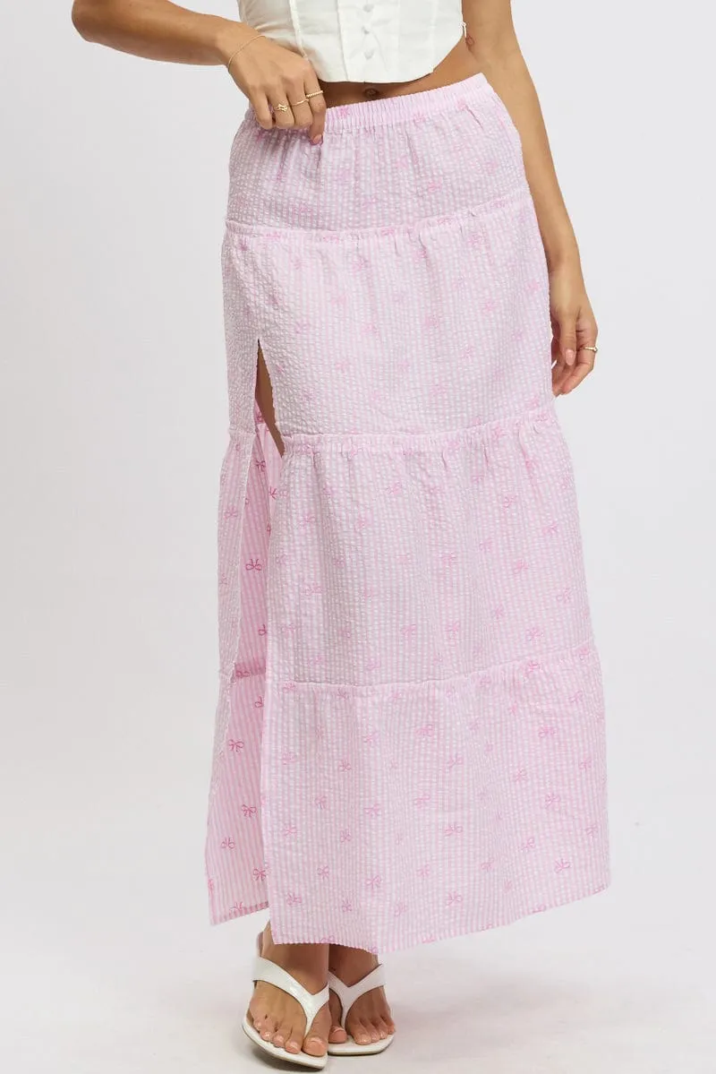 Pink Stripe Tiered Maxi Skirt Elastic Waist Slit Ruffle