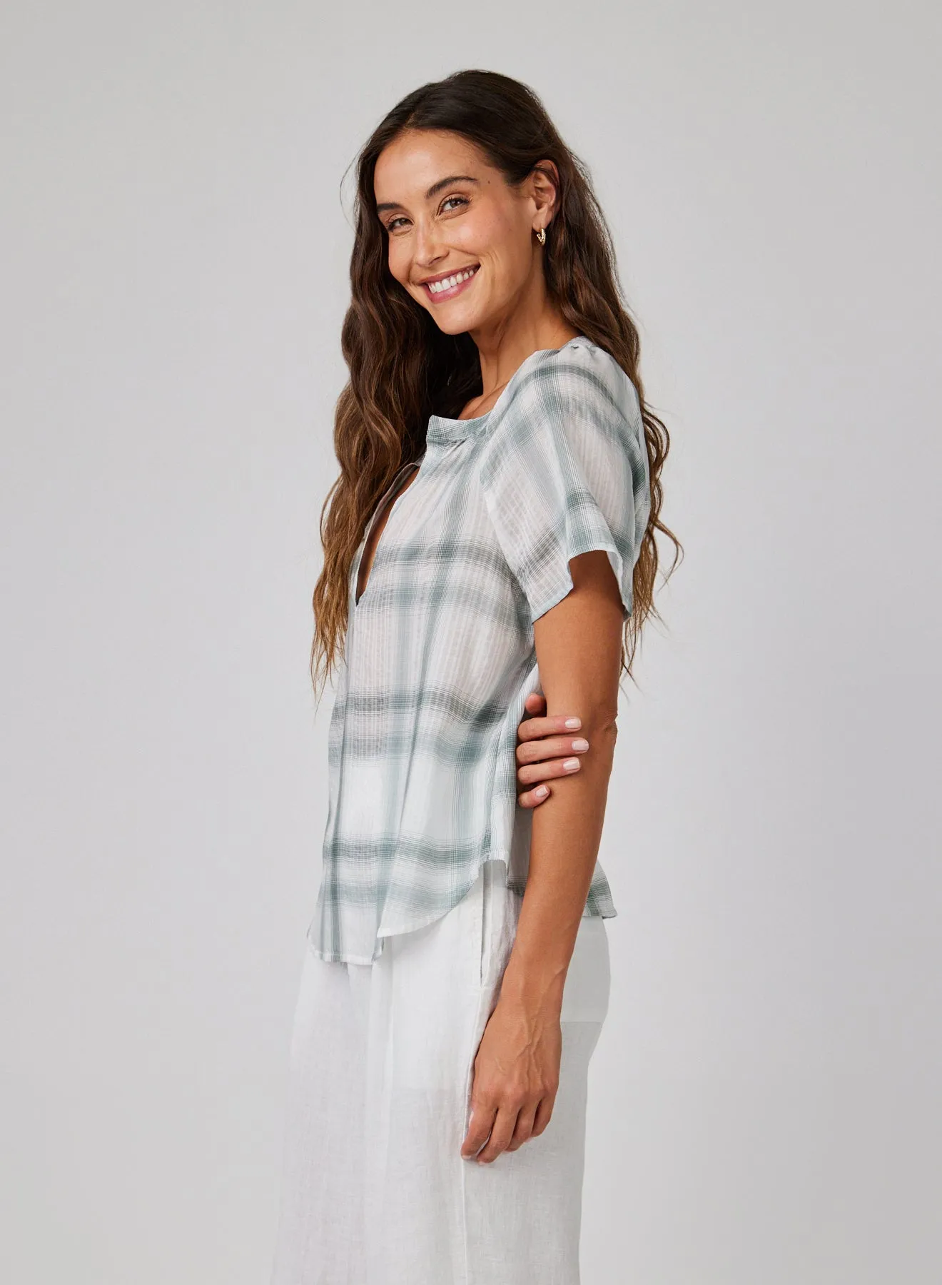 Raglan Cap Sleeve Pullover - Sage Shadow Plaid