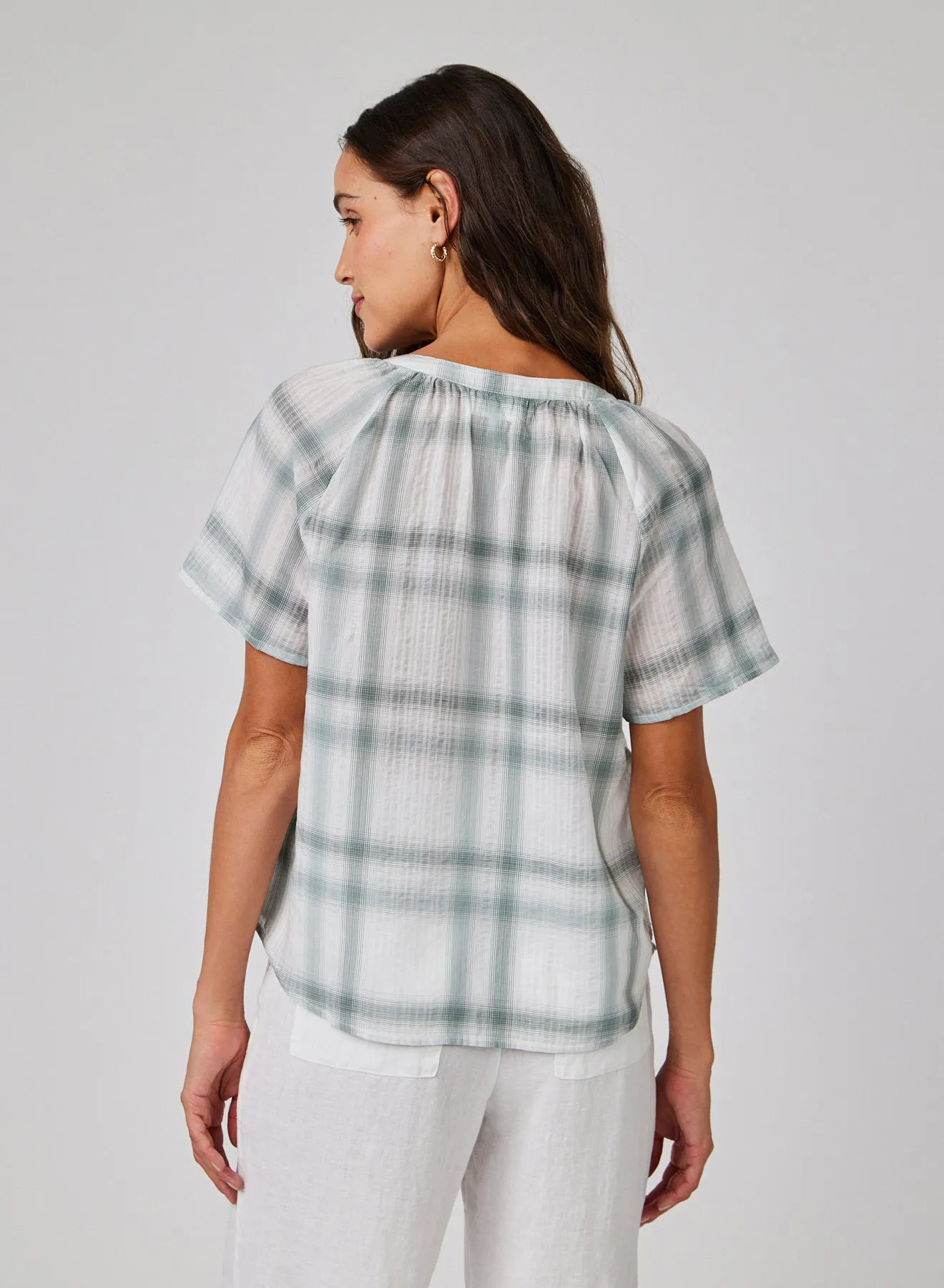 Raglan Cap Sleeve Pullover - Sage Shadow Plaid