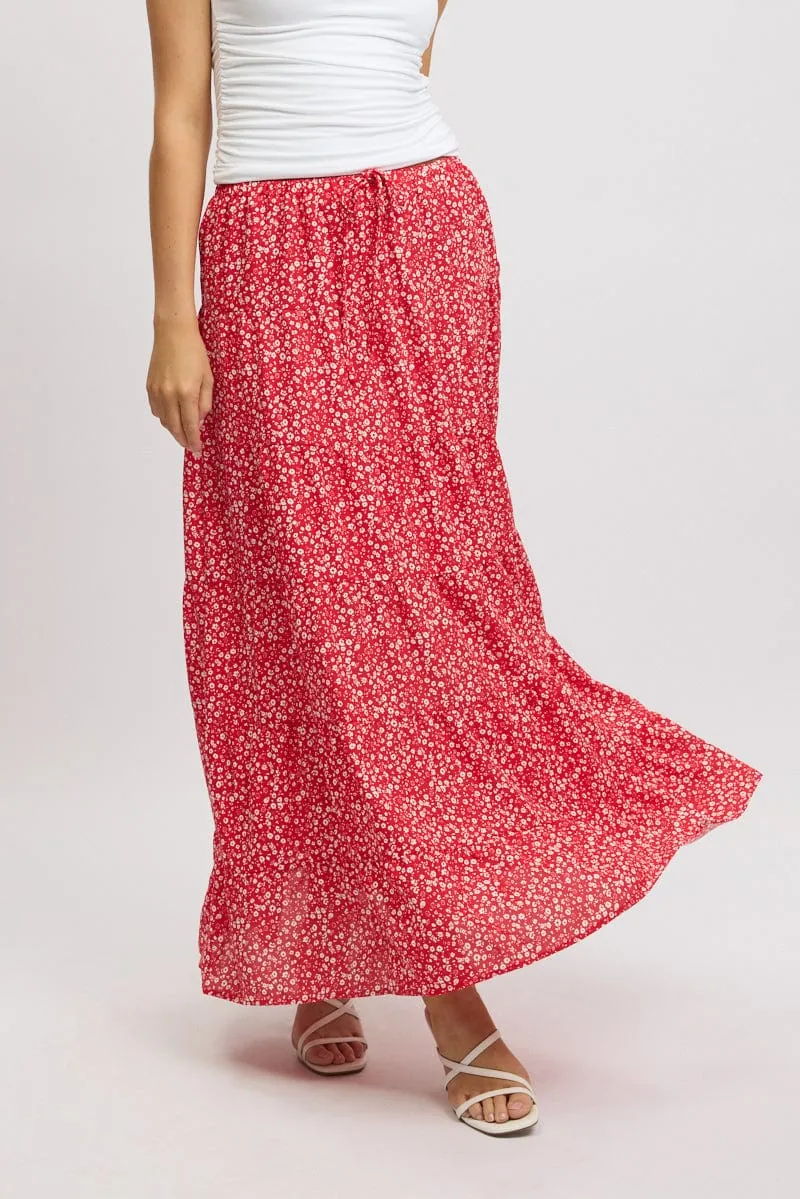 Red Ditsy Maxi Skirt Tiered High Rise