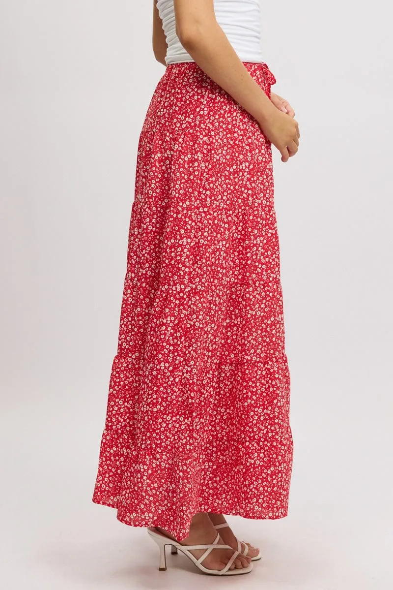 Red Ditsy Maxi Skirt Tiered High Rise