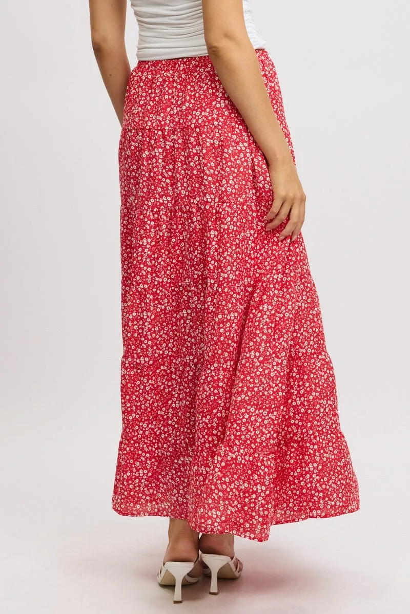 Red Ditsy Maxi Skirt Tiered High Rise