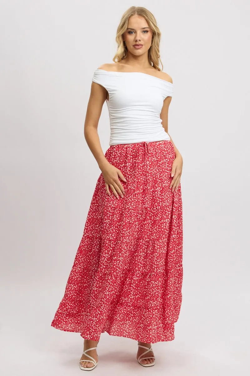 Red Ditsy Maxi Skirt Tiered High Rise