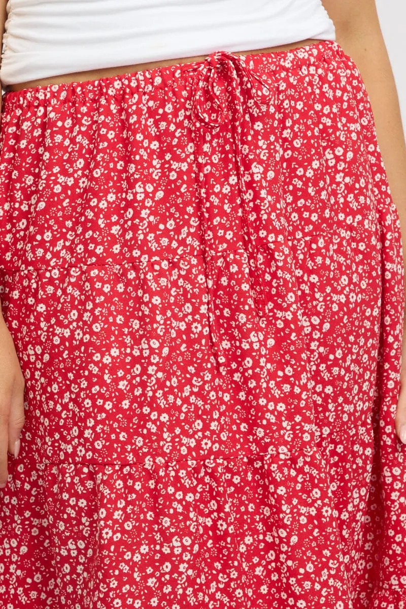 Red Ditsy Maxi Skirt Tiered High Rise