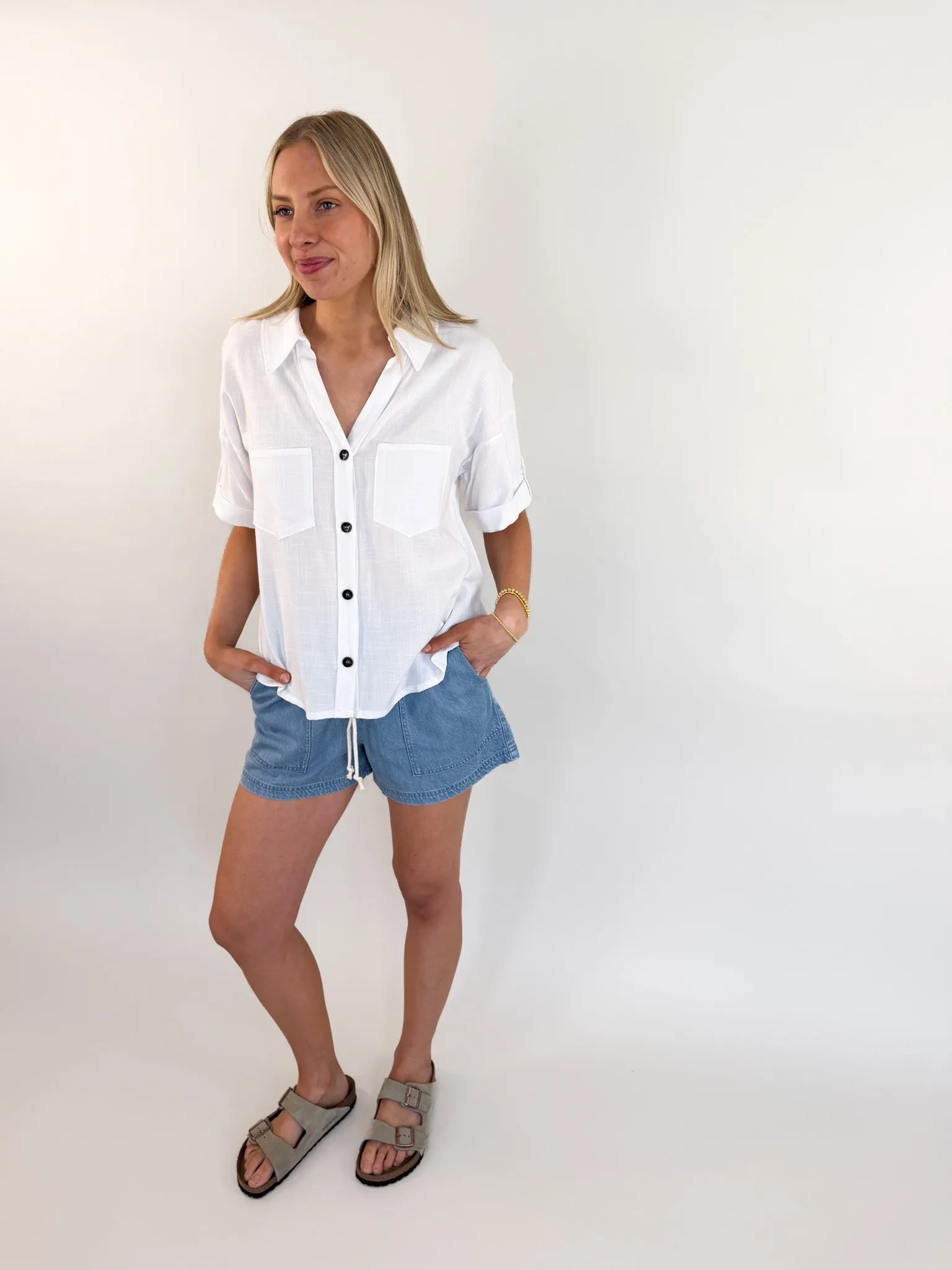 Roll Up Ivory Button Down Blouse