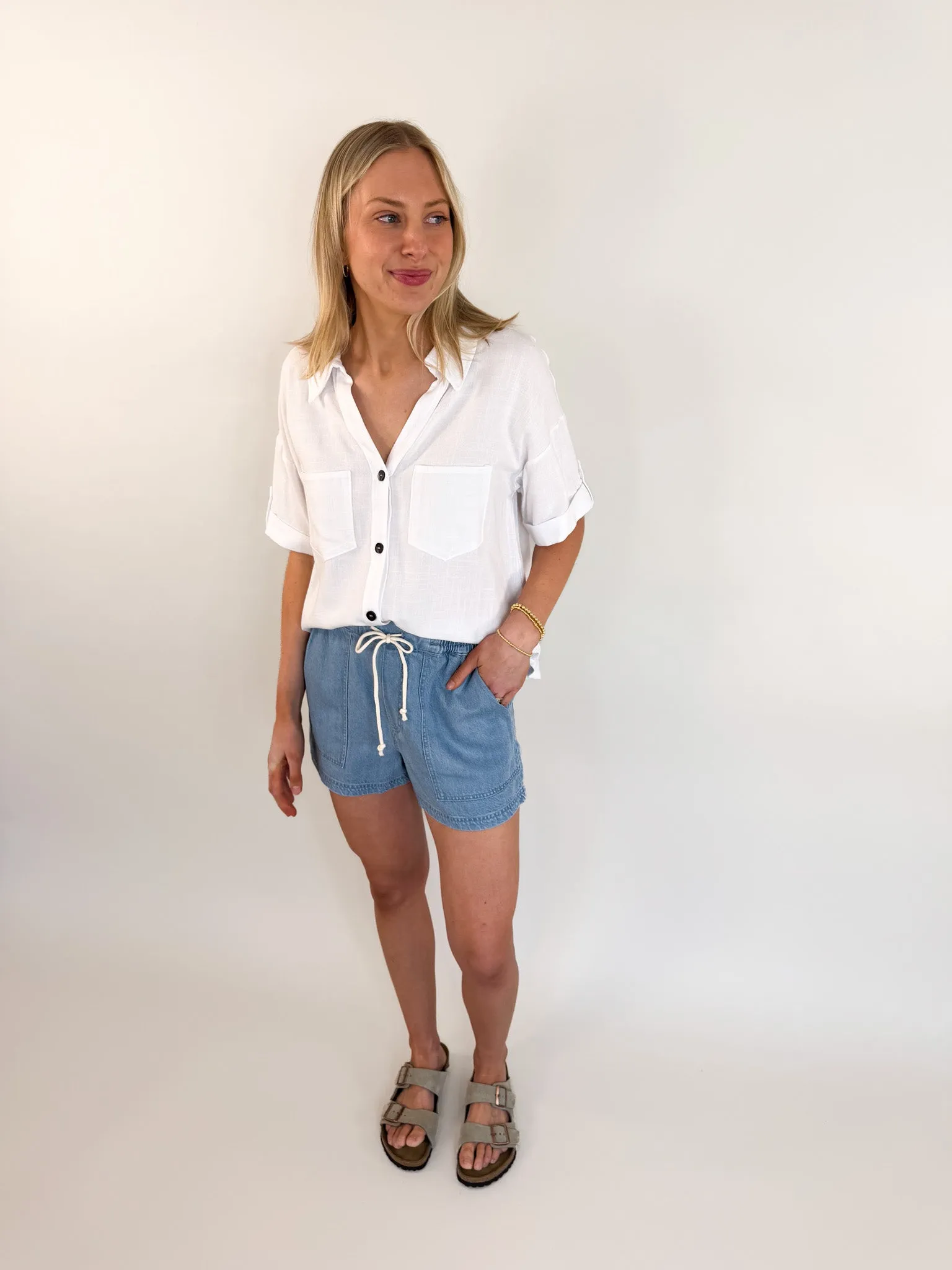 Roll Up Ivory Button Down Blouse